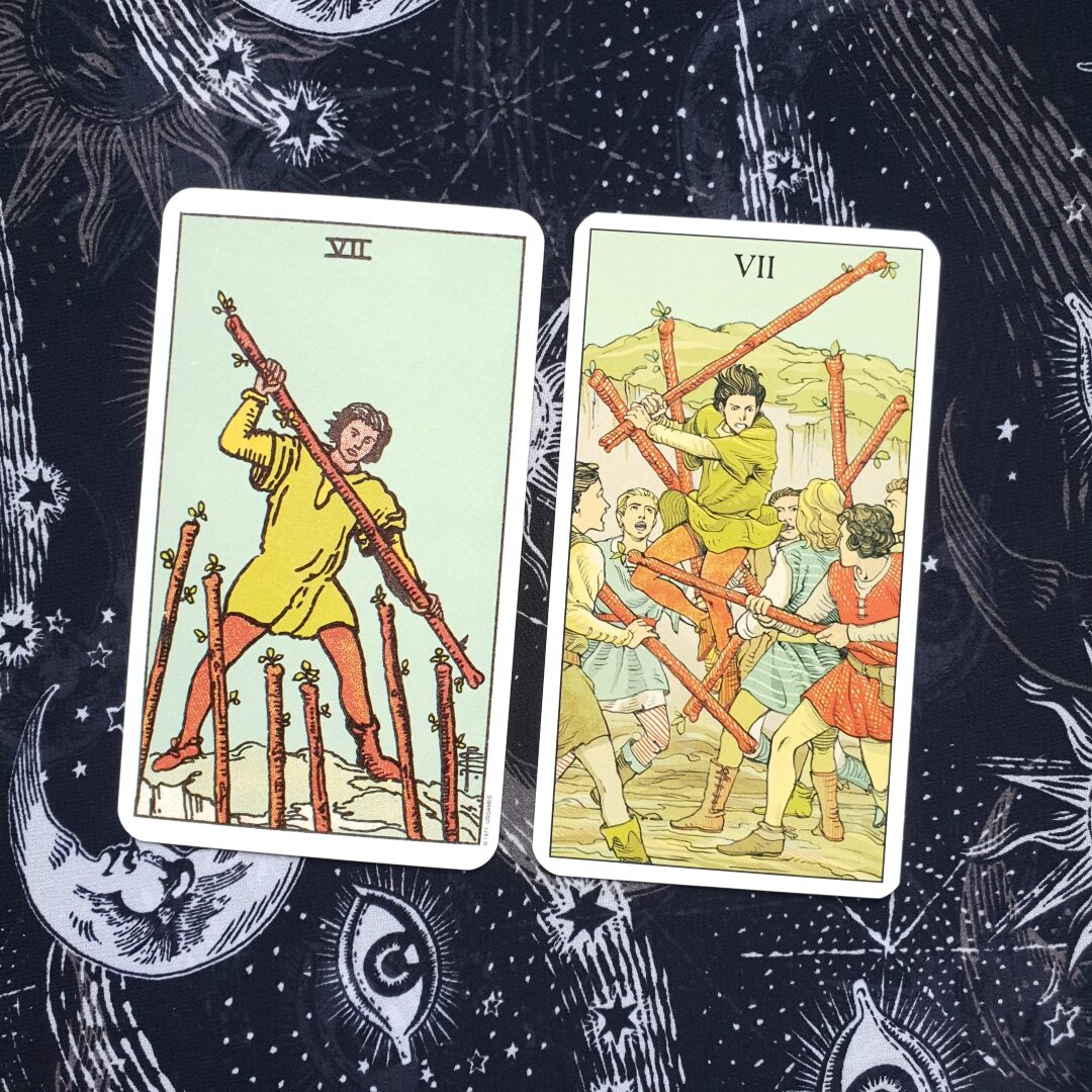 A photo of the seven of wands card from the Original Rider Waite Smith Tarot and the After Tarot