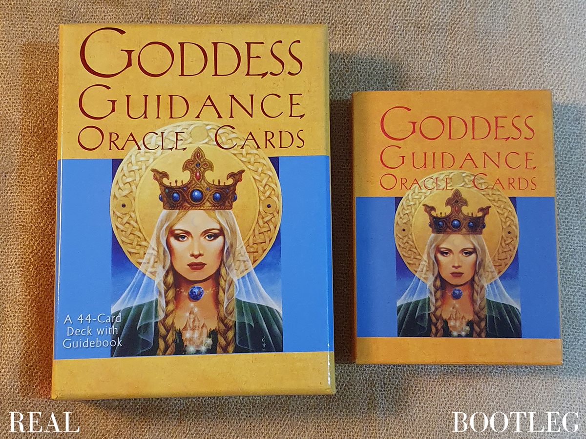 Authentic Goddess Guidance Oracle Cards versus a counterfeit / bootleg - packaging