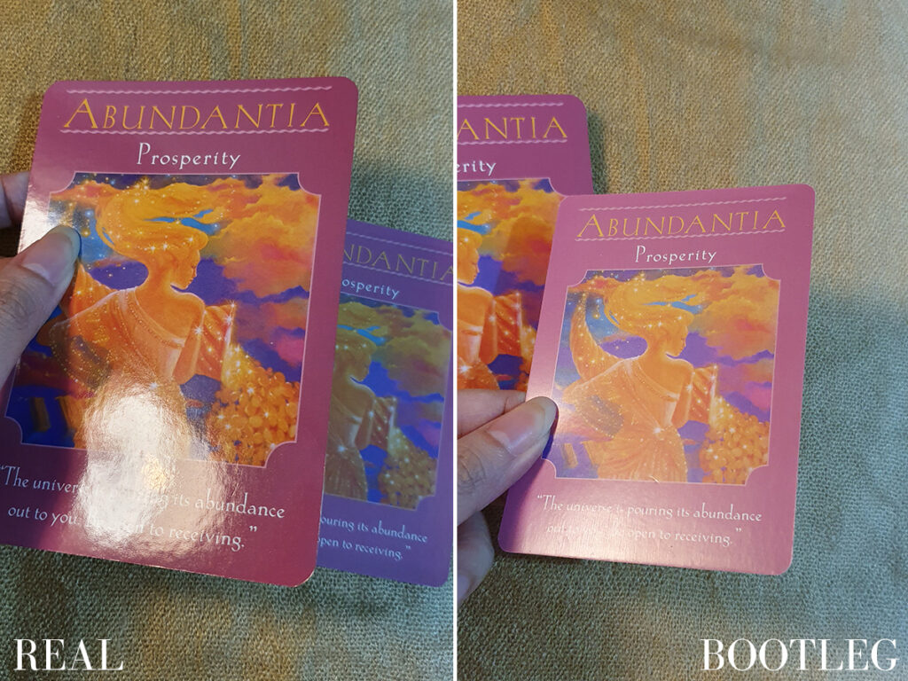 Authentic Goddess Guidance Oracle Cards versus a counterfeit / bootleg - print comparison