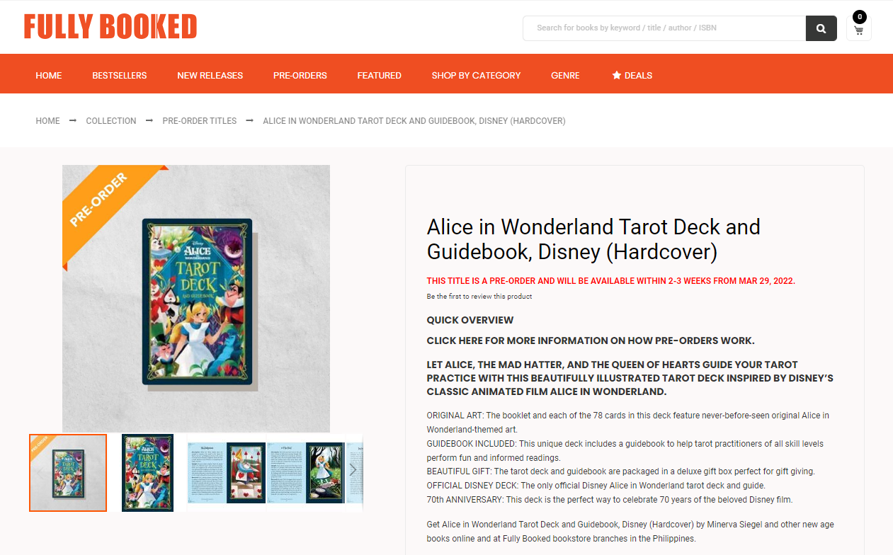 fully booked website screenshot alice in wonderland tarot pre order