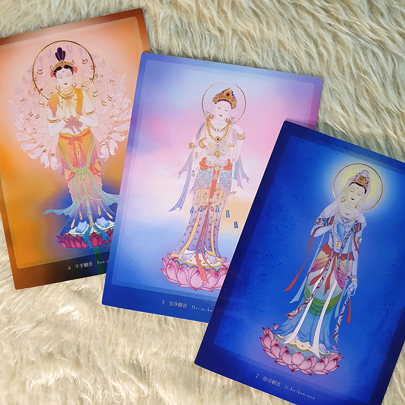 A photo of 3 of the 33 Kannon Riki cards by Kazuhisa Kusaba