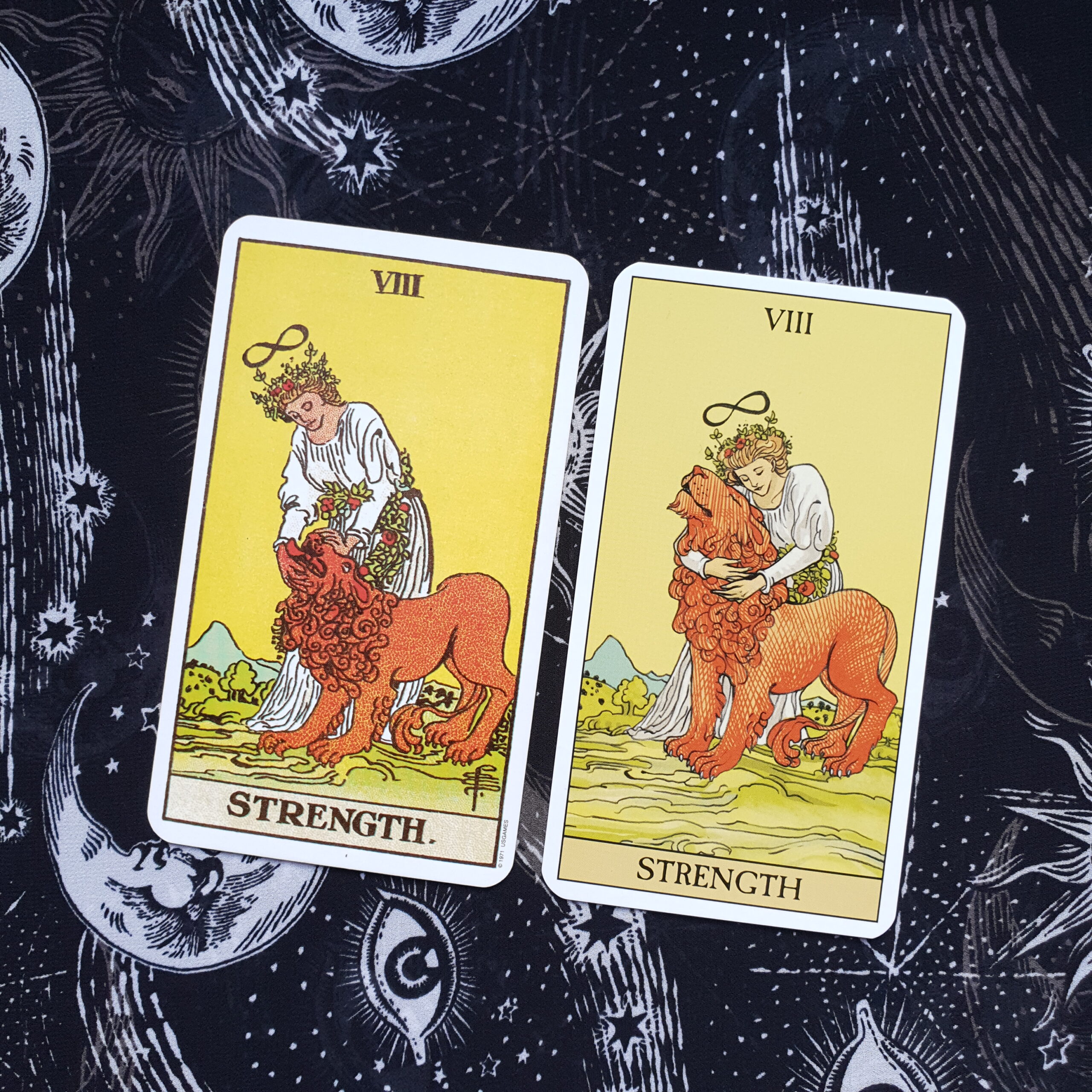 A photo of the Strength card from the Original Rider Waite Smith Tarot and the After Tarot
