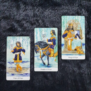 page of cups, knight of cups, and king of cups from tarot of the golden wheel by mila losenko