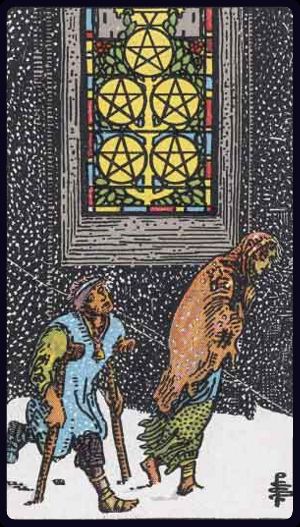 The Five of Pentacles from the Rider Waite Smith Tarot