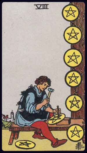 The Eight of Pentacles from the Rider Waite Smith Tarot