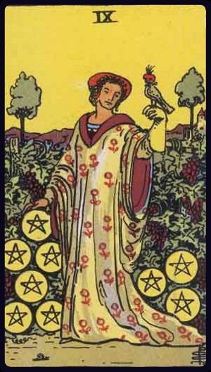 The Nine of Pentacles from the Rider Waite Smith Tarot