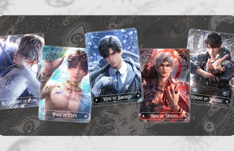 love and deepspace tarot cards banner image featuring xavier, rafayel, zayne, sylus, and caleb