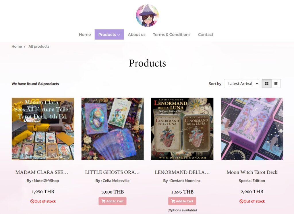 A screencap of Charming Than Shop, an Asia-based tarot shop in Thailand