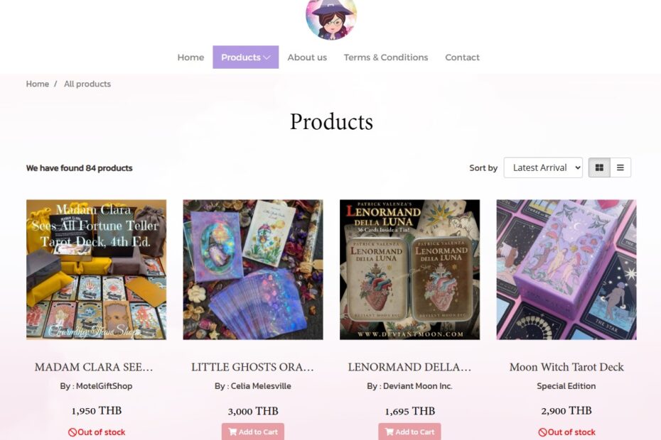 A screencap of Charming Than Shop, an Asia-based tarot shop in Thailand