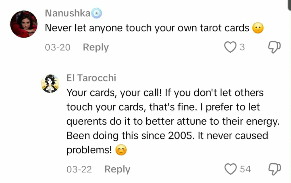 screenshot of el tarocchi's response to a tiktok comment about letting other people touch your tarot cards