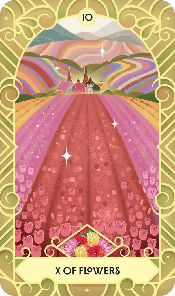 Wicked Tarot sample: The X of Flowers card depicting the land of Oz
