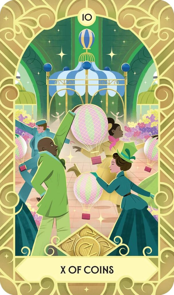 Wicked Tarot sample: The X of Coins card depicting the citizens of the Emerald City