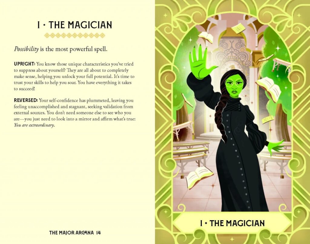 Wicked Tarot sample: Guidebook page for The Magician, depicting Elphaba